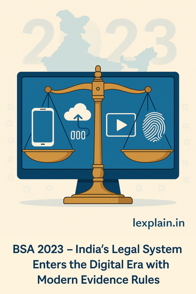 Digital justice scale representing modern evidence under BSA 2023 with electronic data symbols