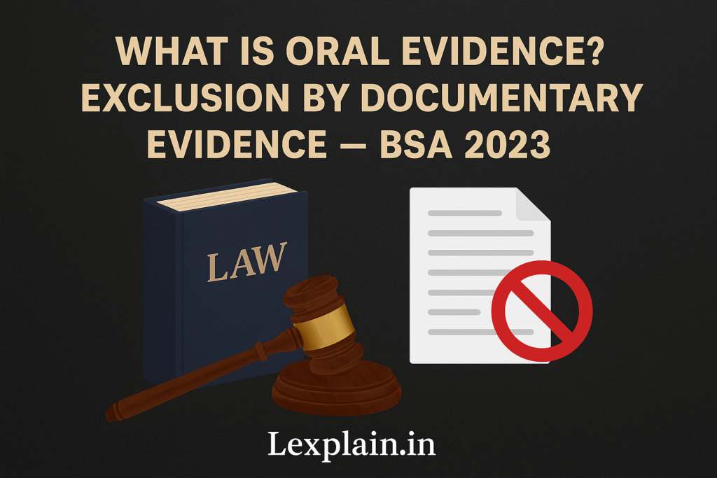 “Gavel beside documents and a speech bubble in courtroom setting representing oral and documentary evidence under BSA 2023.”