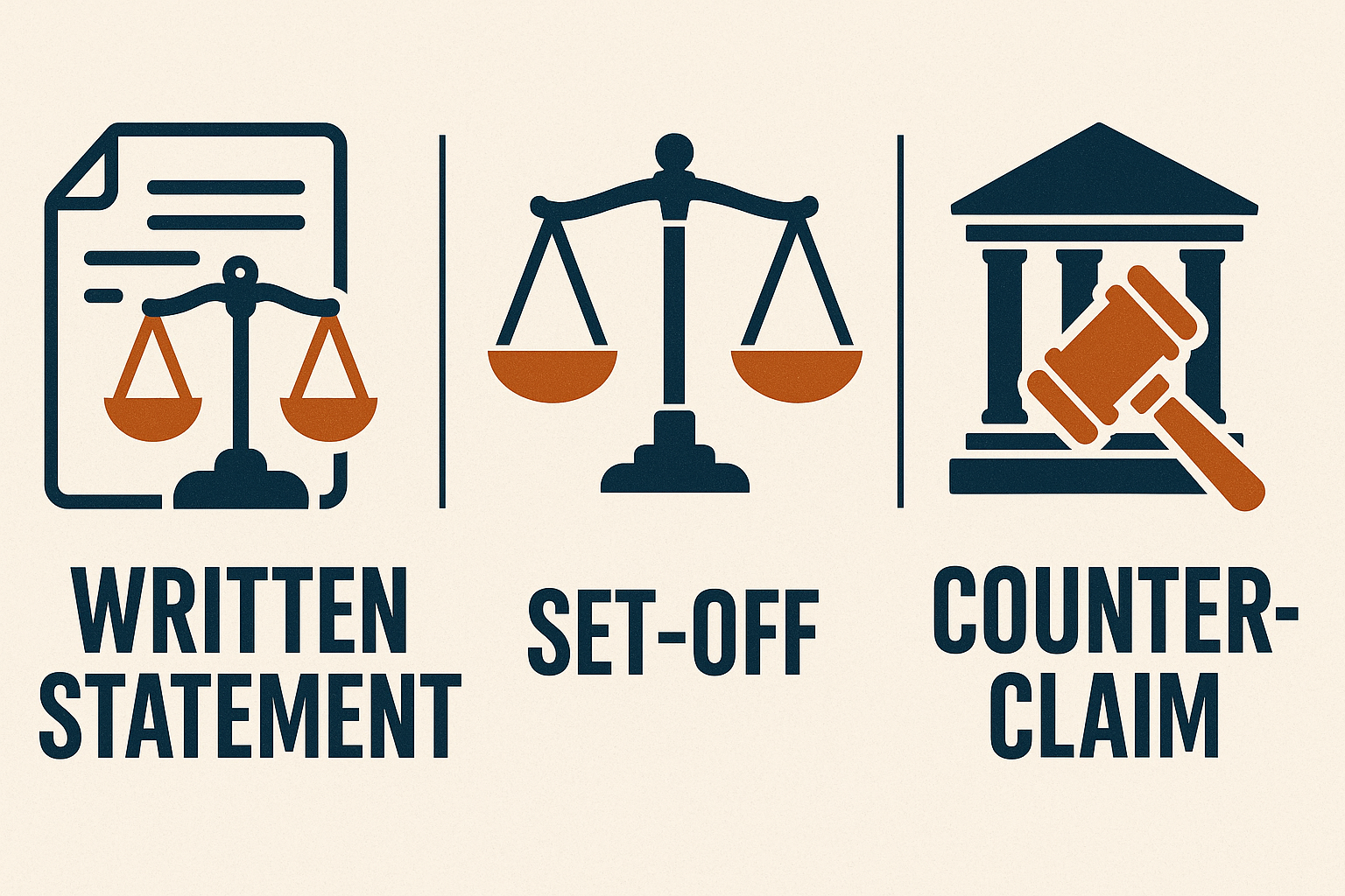 Illustration featuring icons and labels representing "Written Statement," "Set-Off," and "Counterclaim" in civil litigation, each accompanied by symbolic imagery of a document with scales, justice scales, and a courthouse with a gavel.