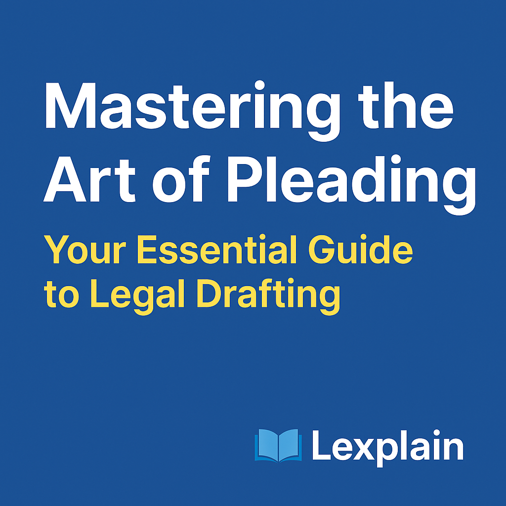 Featured image with the title “Mastering the Art of Pleading: Your Essential Guide to Legal Drafting” and Lexplain logo on a solid blue background.