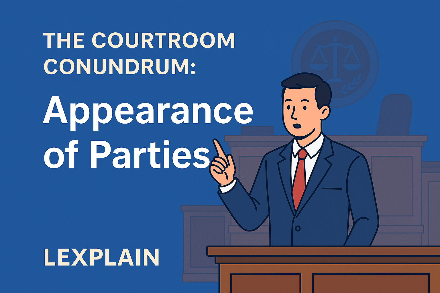 Illustration of a lawyer presenting a case in court with the title “Appearance of Parties”