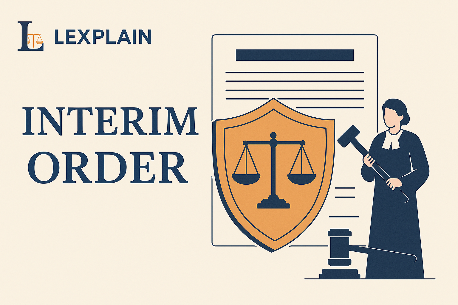 Illustration of a female lawyer holding a gavel beside a large shield with justice scales, a legal document, and "INTERIM ORDER" text under the Lexplain brand.