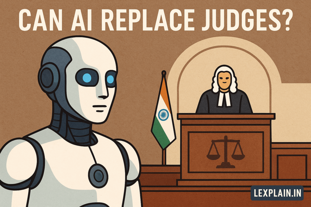 A humanoid AI robot standing inside an Indian courtroom with judges’ bench and scales of justice, symbolizing AI in Indian Judiciary, with Lexplain.in branding.